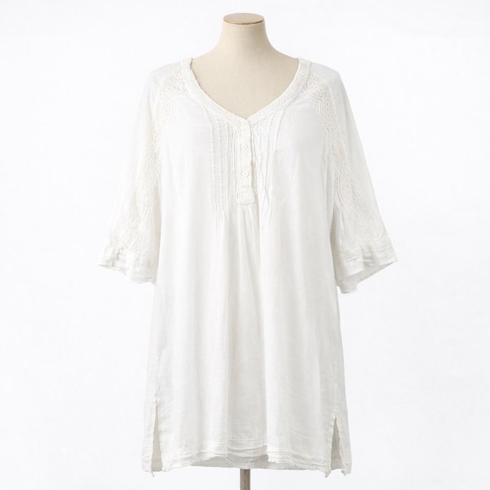 Gretty Zueger‎ Boho Pintuck 100% Cotton Tunic Sz L White Indie Coastal Lace Trim